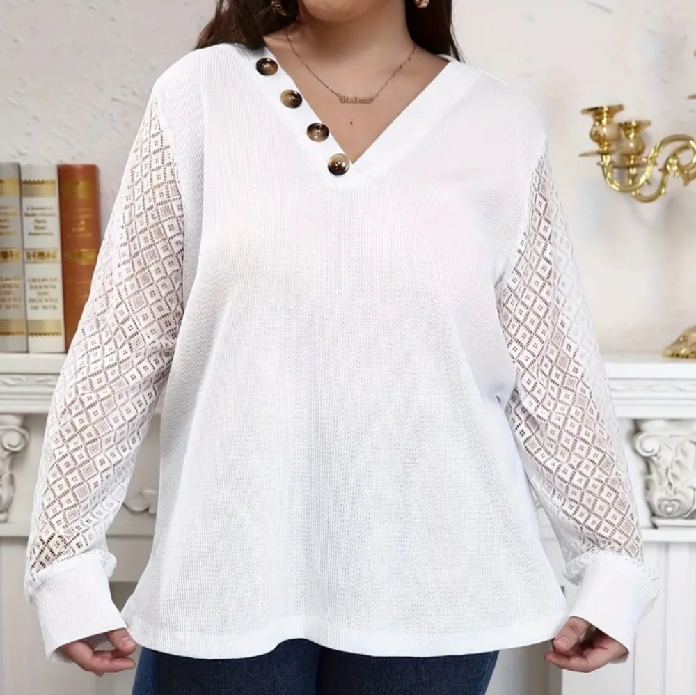 White ribbed knit sweater with buttons v-neck and lace sleeves,size 5X